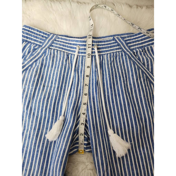 Jolt Womens Wide Leg Cropped Pants Blue Stripe Drawstring Pockets Tassels Linen - Picture 6 of 12